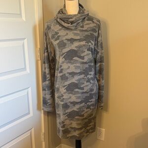 Gray Camo Cowl Neck Fleece Dress